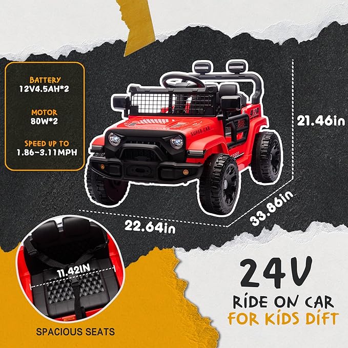 24V Ride On Jeep Car, Toddler Ride On Toys w/Parents Remote Control, 200W Power Motor Electric Car for Kids 2-4 with 4-Wheel Suspension, Bluetooth, Music, 1.86-3.11MPH Adjustable Speed, Red