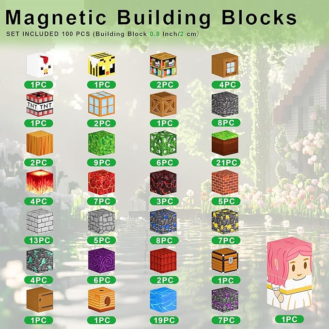 100PCS Magnetic Blocks - Build Mine 3D Forest Lava Set, 0.8in Magnet Building Cubes Toys for Kids Ages 3+, STEM Magnetic Building Blocks Set Birthday Gift for Boys and Girls