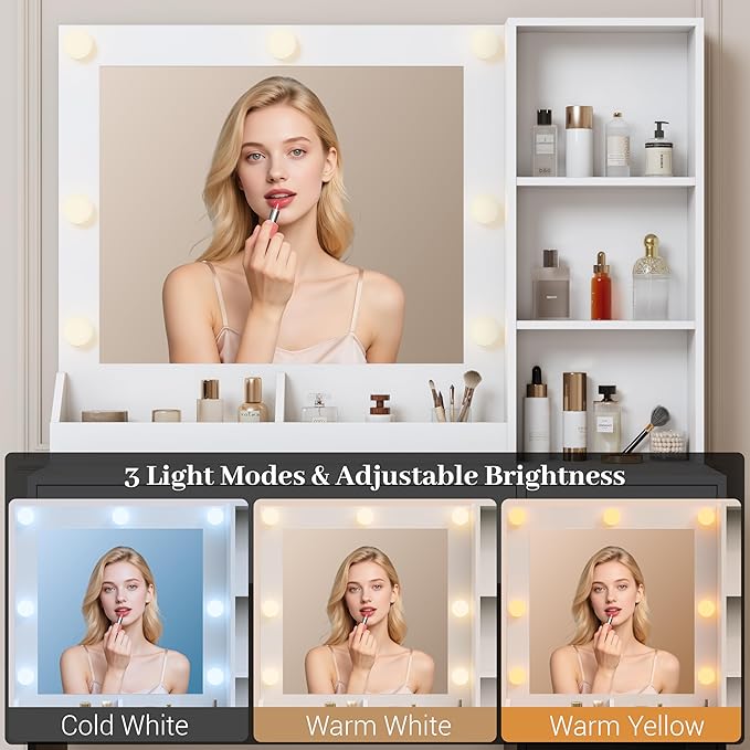 Makeup Vanity with Mirror and Lights & Power Outlet, 34'' Small Vanity Desk with Drawers and Storage Cabinet & Makeup Tray, Dressing Table for Girls Bedroom Dressing Room, White