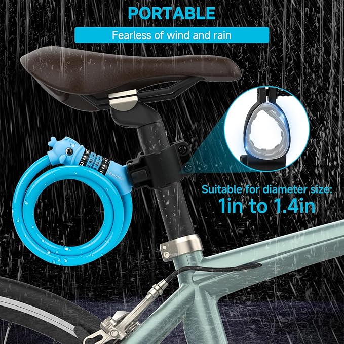 Bike Lock, 3.9 Feet 4-Digit Resettable Combination Password Anti-Theft Cable Lock, Cute Coiled Bike Lock with Mounting Bracket, Suitable for Bicycles, Electric Scooters, Ebikes (Blue-10mm)