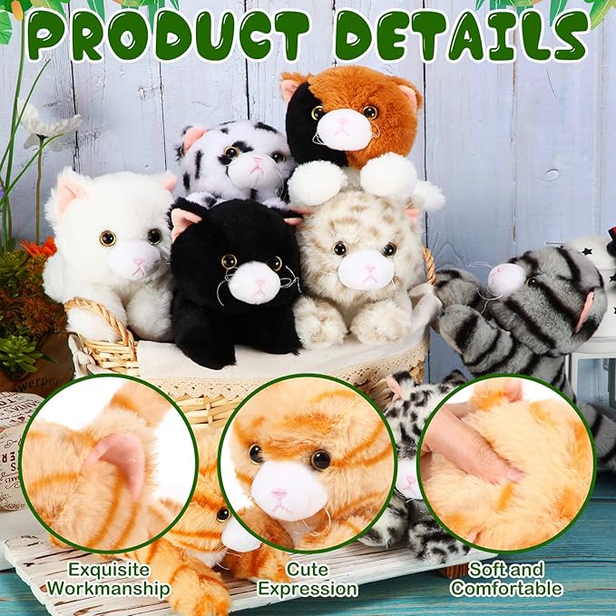 Libima 8 Pcs Cat Stuffed Animals Bulk 8 Inch Plush Kittens Cat Theme Party Favors Carnival Awards Birthday Halloween Party Gifts Assorted Cute Pet Toys Decoration(Lying)