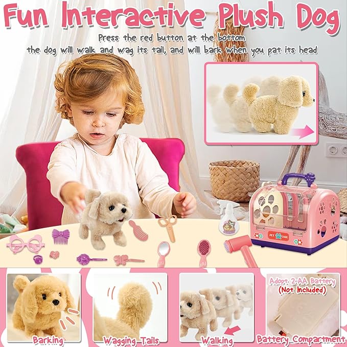TEUVO 14Pcs Dog Toys for Girls Kids 3 4 5 6 8 Year Old, Walking Barking Electronic Interactive Stuffed Dog Plush & Carrier Accessories Pet Care Playset Grooming Toy Pretend Play Gifts for Little Girls
