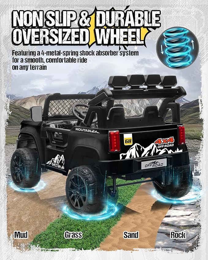 24V Ride on Toys for Big Kids, 2 Seater Electric Car w/22'' Large Seat, Remote Control, Shovel, 4X200W Engines, 4WD/2WD Switchable, Truck Bed Storage, Ride On Truck Toy for Boy Girl, Black