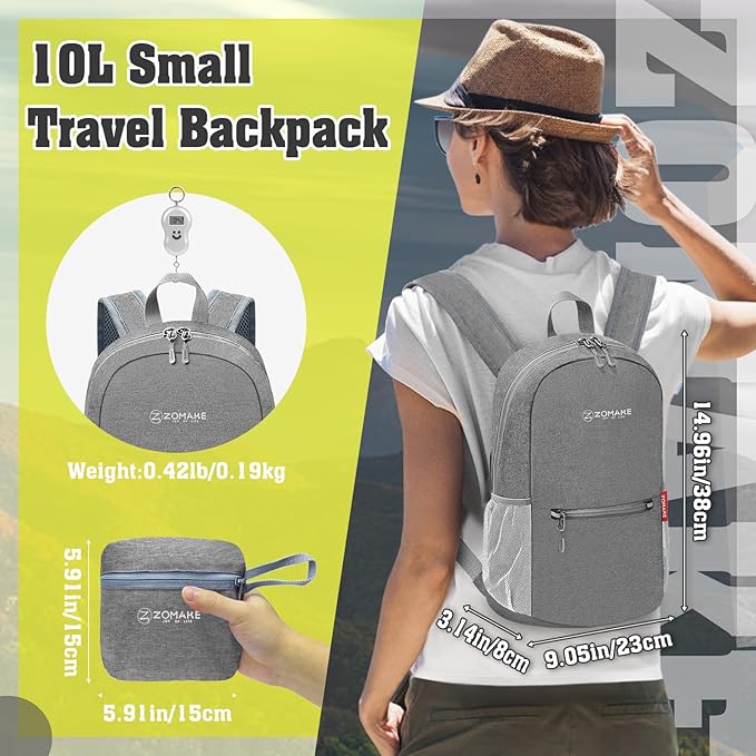 ZOMAKE 10L Lightweight Packable Hiking Backpack - Small Travel Hiking Daypack for Women Men - Tear Resistant Foldable Day Pack for Camping Outdoor Sports(Grey)