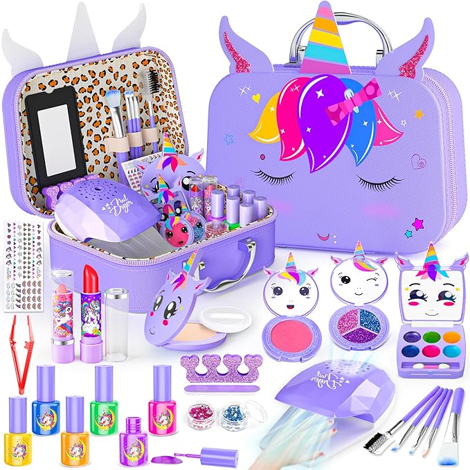 Kids Makeup Kit for Girl - 2 in 1 Kids Washable Makeup Toys & Nail Art Kit with Nail Dryer and Storage Case, Real Girl Makeup Set Birthday Gifts Toys for 3 -12 Year Old Girls, Purple