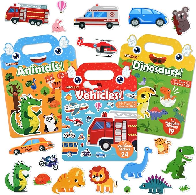 ASTARON 3 Pack Reusable 3D Puffy Sticker Book for Kids 3-6, Jelly Sticker Game Educational Sensory Learning Toy, Travel Toys and Busy Book(Little Wings Handle)