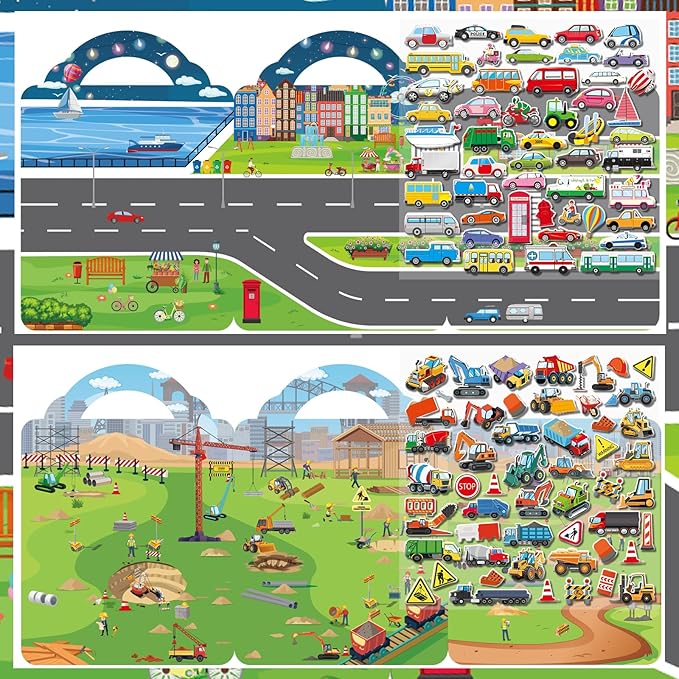 2 Pack Puffy Sticker Books for Kids Ages 3-5, Construction Truck and Vehicle Car Stickers for Toddlers Boys, 3D Reusable Stickers Books for Toddlers, Activity Book for Boys Party