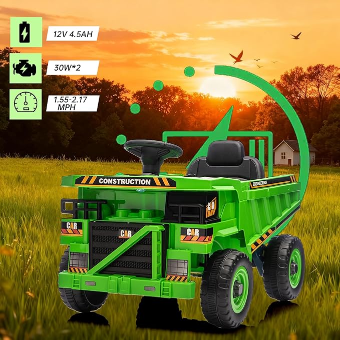 12V Ride On Construction Truck, Battery Powered Ride On Car with Remote Control, Kids Electric Vehicle with Shovel, Speaker, Green