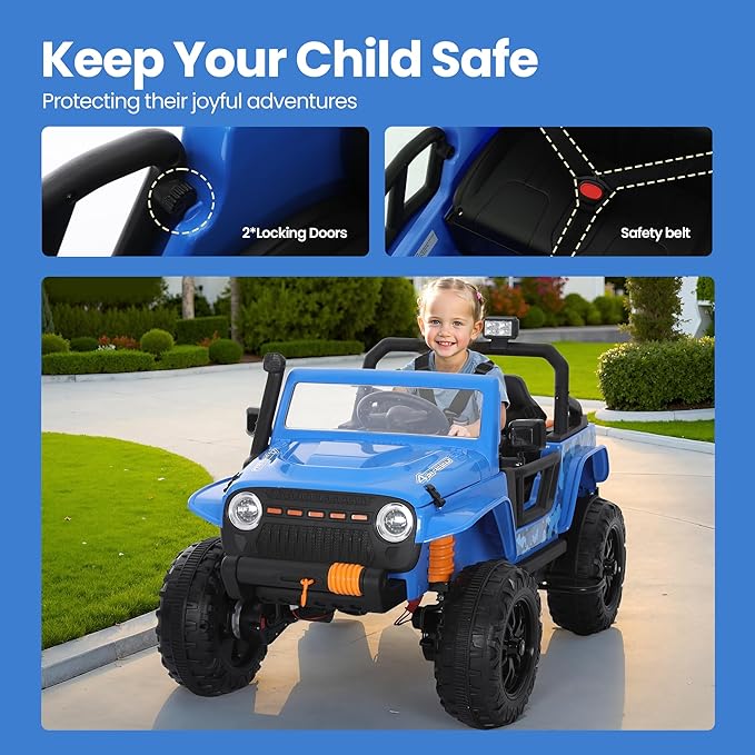24V 4WD Ride on Jeep for Kids, Electric Ride on Car with Remote Control, LED Lights, Bluetooth Music, Off-Road Power Wheels, Toy Gift for Boys & Girls Ages 3+, Blue