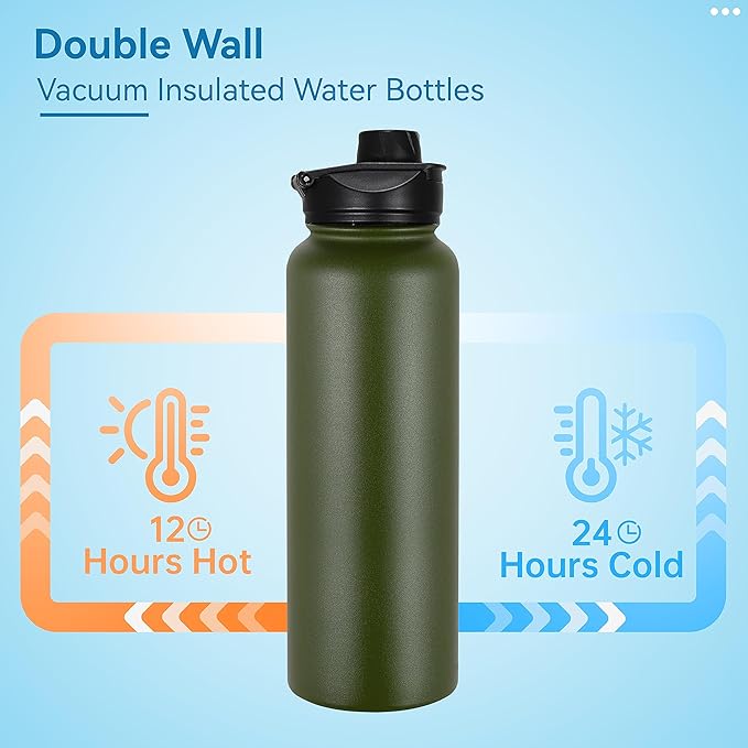 VEGOND 40 oz Insulated Water Bottle Stainless Steel Metal Water Bottles with Leak Proof Straw Lid & Spout Lid, Wide Mouth Double Walled Vacuum Travel Sports Bottle, Army Green