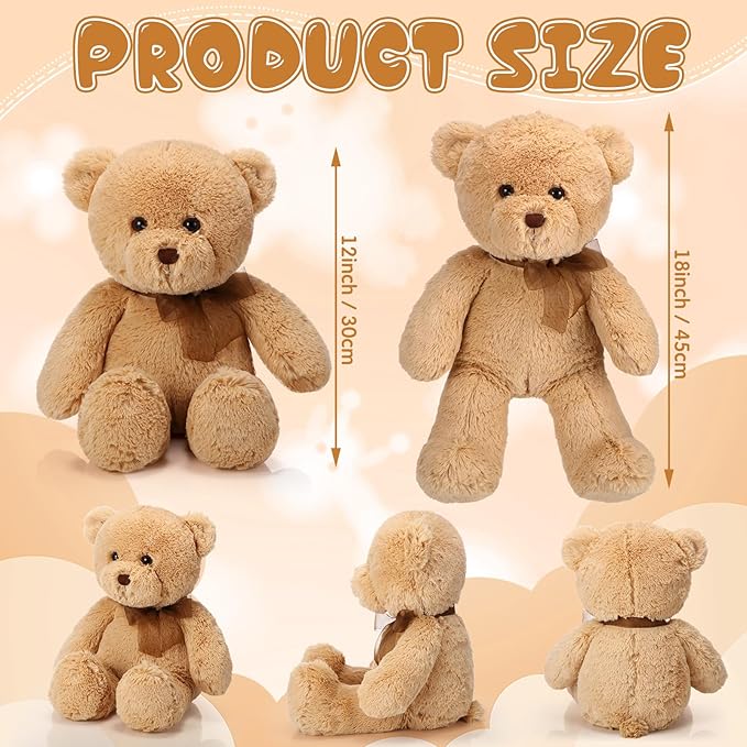 HyDren 2 Pack Plush Bear Stuffed Animals 18 Inch Cuddly Stuffed Bear Plushies with Bow for Birthday Gifts Baby Shower Party Favor Decors Operation Christmas Bulk(Light Brown)