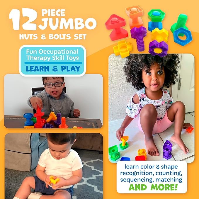 Skoolzy Plastic Nuts and Bolts 24 Piece Set - 6 pk - Kids Nuts and Bolts - Toddler Engineering Toys for 1-3 - Screw Toys for Toddlers with ebook