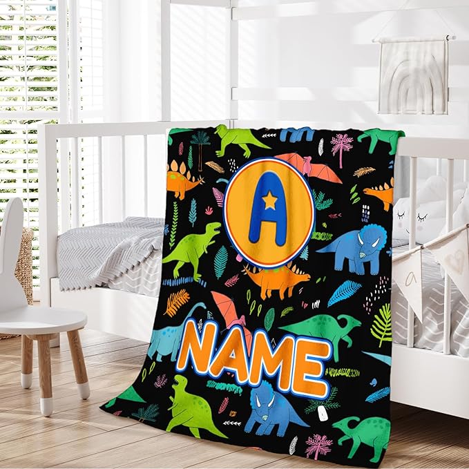 Blankets for Boys Personalized Monogram Throws Gifts, Custom Name Soft Cozy Cute Dinosaur Blanket for Kids Toddlers Teens Accessories Decor for Sofa Couch Bedroom Living Room Home