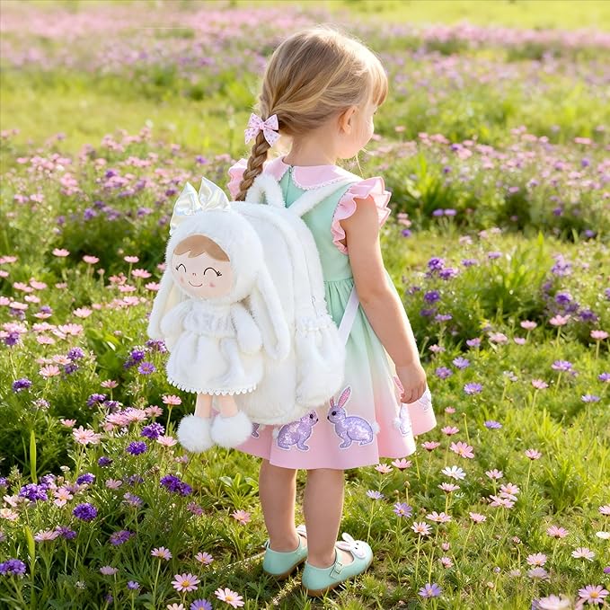 Gloveleya Toddler Backpack Plush Bag with White Bunny Detachable Design 11-inch Gift for Girl