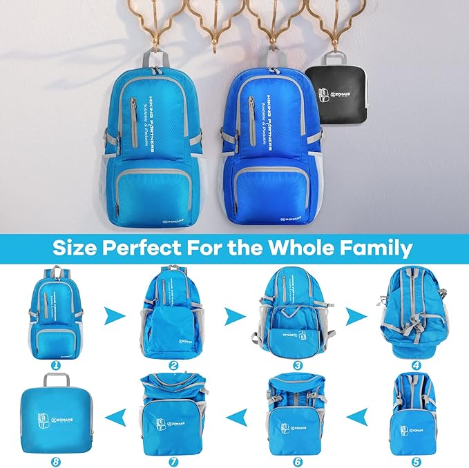 ZOMAKE Lightweight Packable Backpack, 35L Light Foldable Hiking Backpacks Water Resistant Collapsible Daypack for Travel(Light Blue)