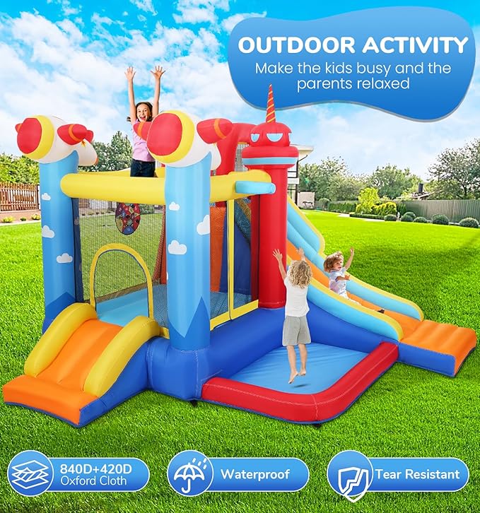 Inflatable Bounce House Water Slide, 7-in-1 Bouncy Castle Combo Water Pool & Bouncing Area & Slides & Basketball Game & Dart Game, Jump House for Kids Aged 3-10 w/Storage Bag, Orange