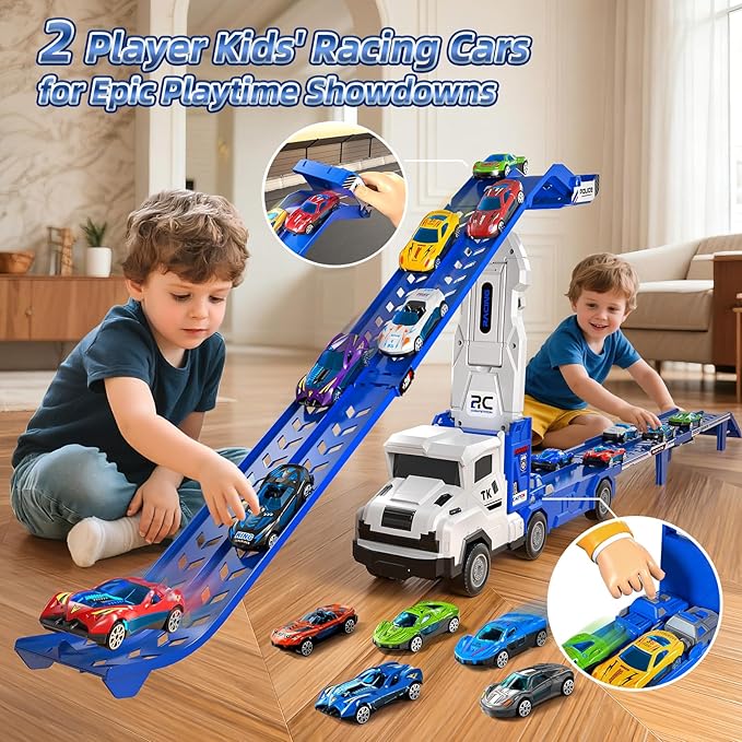 Transport Truck Toys for 3 4 5 6 7 Years Old Boys,Toys Cars Track Set Transporter Trucks with 12 Die-Cast Car Toys 2 Race catapults Dual-Track Model,Toddler Car Toy Set for Kids Boys Girls