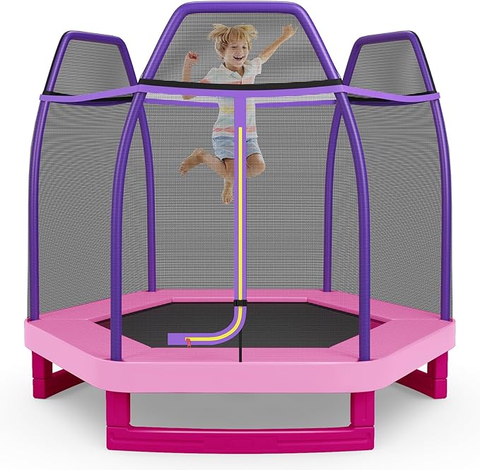 GYMAX Trampoline for Kids, 7FT Toddler Trampoline with Safety Enclosure Net & Seamless Spring Pad, Heavy Duty Small Indoor/Outdoor Trampoline for Boys, Girls Age 3+