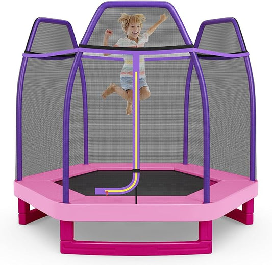 GYMAX Trampoline for Kids, 7FT Toddler Trampoline with Safety Enclosure Net & Seamless Spring Pad, Heavy Duty Small Indoor/Outdoor Trampoline for Boys, Girls Age 3+