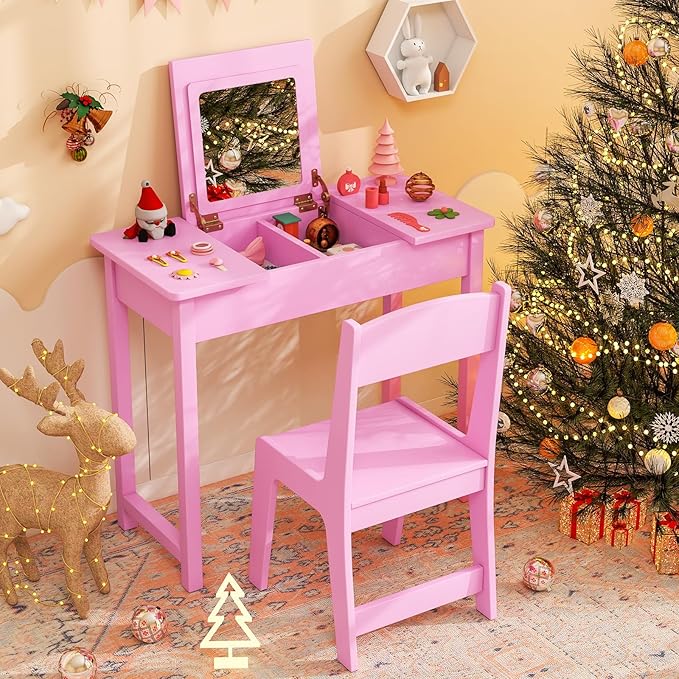 Costzon Kids Vanity, 2 in 1 Girls Vanity Set with Flip Top Mirror, Hidden Storage Space, Wooden Toddler Makeup Vanity Desk Dressing Table, Kids Vanity Table and Chair Set (Pink)