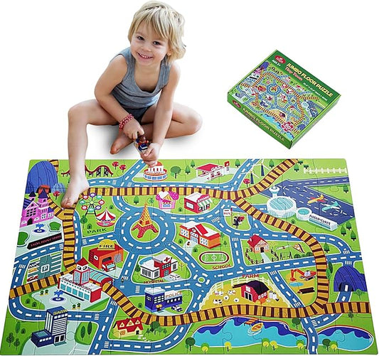 City PlayMat Jumbo Floor Puzzle for Kids Ages 3-8，60-Piece Large Jigsaw Puzzles, Town Map with Race Tracks & Train Tracks，Educational Toy for Pretend Play, Ideal Gift for Preschoolers