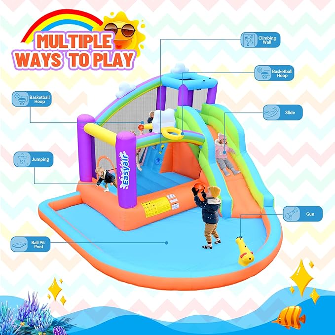 Inflatable Bounce House Water Slide for Kids, Rainbow Cloud Splash Pool, Indoor Or Outdoor Bouncy Castle, Climbing Wall, 2 Basketball Hoops, Included Blower (Orange, 154" L x 144" W x 94" H)