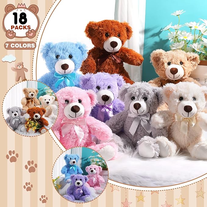 Zhanmai 18 Pcs 14 Inch Bears Stuffed Animal Bulk Gifts for Christmas Plush Bear Toys for Birthday Baby Shower Party Favor(Mixed Colors)