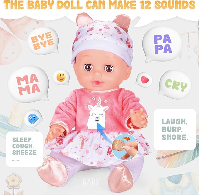 SMILESSKIDDO Baby Doll with Backpack Carrier, 14'' Realistic Dolls with Accessories, Includes Feeding Playset, Baby Care Set, Toddler Pretend Play Babydoll Toys for 1 2 3+ Year Old Kids Girls