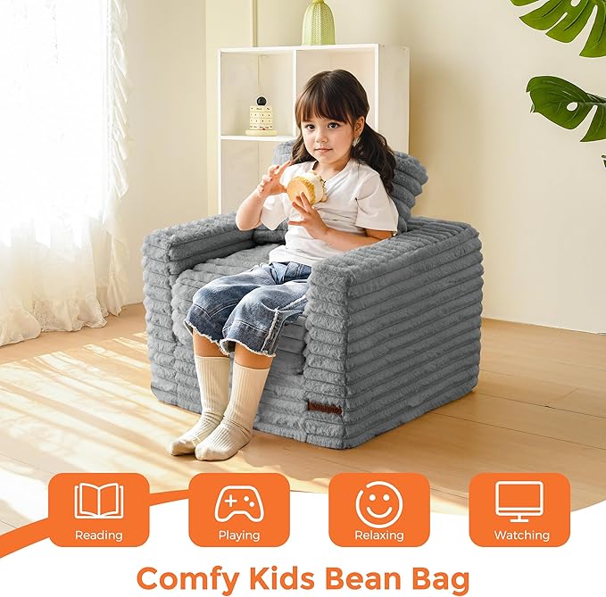 MAXYOYO Kids Bean Bag Chair, Comfy Faux Fur Bean Bag Sofa with Filler, Upholstered Floor Sofa with Pillows and Armrests, Lazy Floor Chair Couch for Boys and Girls, Grey