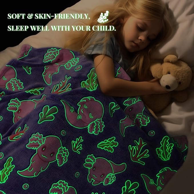 Axolotl Blanket Twin Size Glow in The Dark - Gifts for Teen Girls Boys & Axolotl Lovers - Soft & Cozy Microfiber Salamander Fleece Bedding, Decor for Couch, Sofa, Dorm Room & Bed 60"x80"