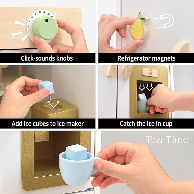 PairPear Wooden Toy Fridge for Kids Kitchen, Toddler Pretend Play Refrigerator with Real Ice‑Drop, Magnetic Stickers, Kids Toy Food Play Kitchen Accessory Gift for Boys & Girls Age 3+