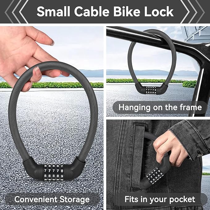 5 Digit Combination Bike Cable Lock, Lightweight Bicycle Lock Anti Theft Resettable Combination Portable Bicycle Cable Locks for Bike, 22inch, Black