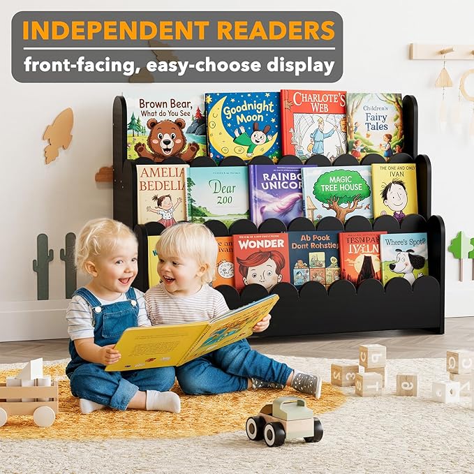 SpaceAid 3-Tier Scalloped Bookshelf, Montessori Bookcase for Toddlers, Wooden Book Shelf Organizer Display Furniture for Kids Rooms, Playroom, Nursery and Classroom, 36.7“ Wide, Black