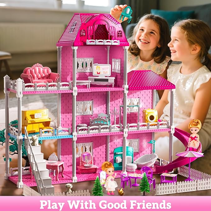 Villa Playset for Girls Ages 3-7, Indoor Playset Girls Toys with 3 Storeys 7 Rooms 2 Dolls for Ages 6-8, Furniture and Accessories, Pretend Toddler Toy, Birthday Gifts for Kids 3 4 5 6 7 8