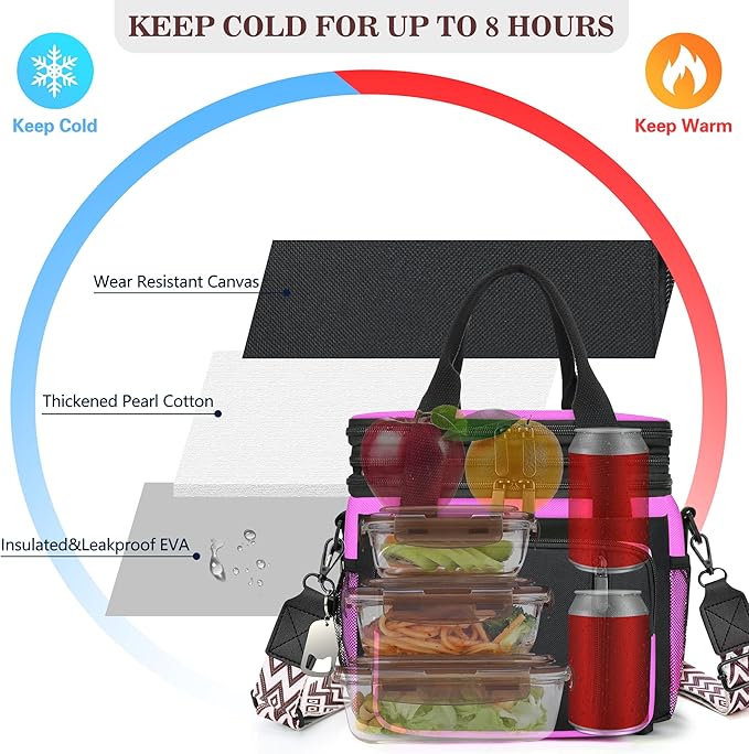 LOKASS Lunch Box for Women/Men-16L-Insulated Lunch Bag, Expandable Double-layer Leakproof Cooler Bag with Upgrade Adjustable Shoulder Strap Ideal for Work/Travel/Picnics（Hot Pink）