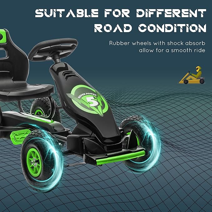 Aosom Kids Pedal Go Kart Ride-on Toy with Ergonomic Comfort, Pedal Car with Tough, Wear-Resistant Tread, Go Cart Kids Car for Boys & Girls with Suspension System, Safety Hand Brake, Ages 5-12, Green