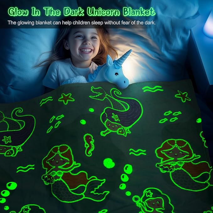 Mermaid Toys Gifts for Girls Kids - Glow in The Dark Ocean Blanket Best Birthday Christmas Valentines Easter Decor Presents for for Age 1-14 Years Old Teens Child Toddler Daughter Soft Throw 50"X60"