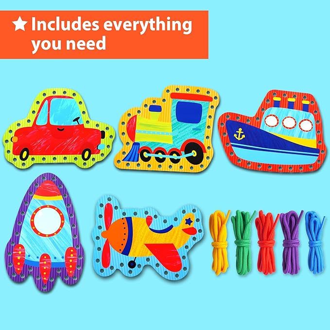 KRAFUN Preschool Beginner First Lacing Card Kit for Kids Training Arts & Crafts, 5 Easy Transport and Cars Lacing Projects, Craft Paper Cards for Toddlers, Fine Motor Skills Toys
