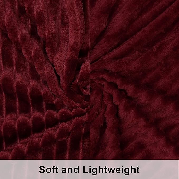 NTBAY Plush Flannel Twin Bed Blanket, 60x80 Inches Soft and Warm Lightweight Bed Blanket with Striped Texture for Couch, Sofa, All Seasons, Wine Red