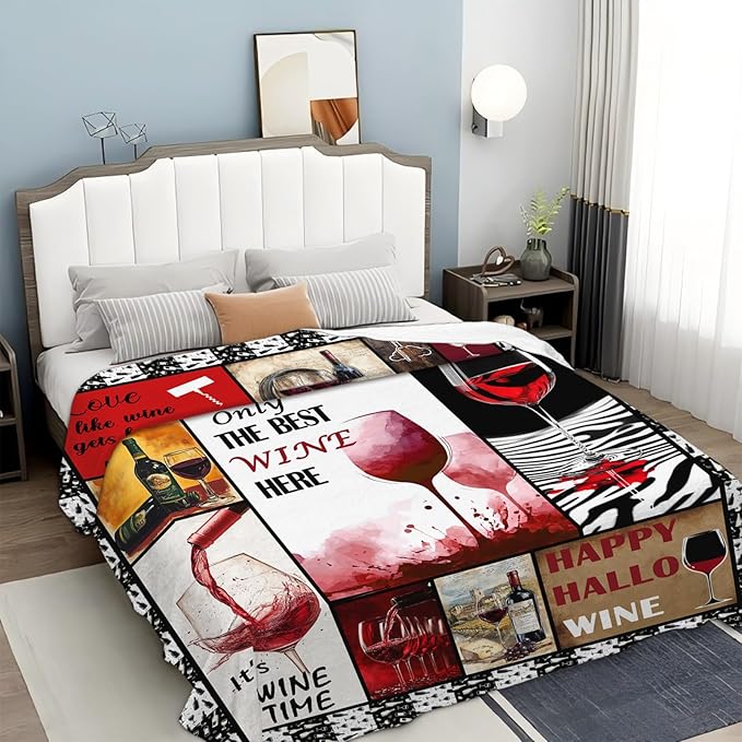 Red Wine Blanket for Women, Wine Lover Fleece Blanket Gifts for Boys Girls, Warm Cozy Soft Flannel Stuff for Bed Sofa Couch 80" x 60"