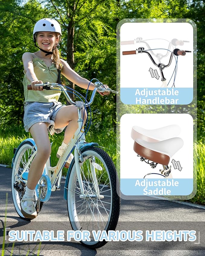 24 Inch 6-Speed Hybrid Beach Cruiser Bike for Girls Youth Ages Over 8 Years Old Kids Bicycle with Dual V-Brakes Adjustable Seat, Multiple Colors