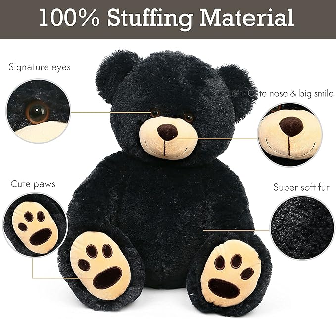LotFancy Teddy Bear Stuffed Animals, 20 inch Soft Cuddly Plush Black Bear, Cute Toy with Footprints, Gift for Kids Baby Toddlers on Baby Shower, Birthday, Christmas, Easter Decoration