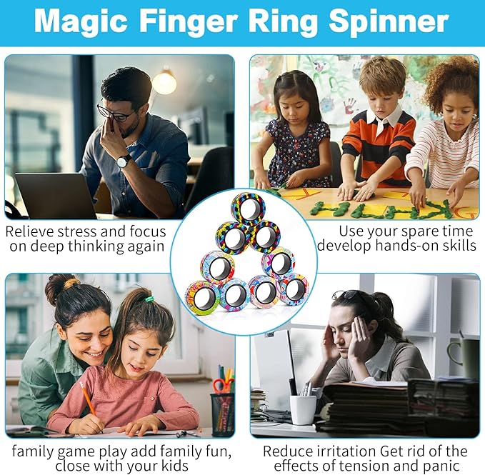 18Pcs Magnetic Rings Fidget Toys Spinner Set Stocking Stuffers for Kids Christmas Party Favors,Finger Magnet Rings Endless Hours of Fun ADHD Stress Relief Fidget Spinners for Birthday for Adults Teens