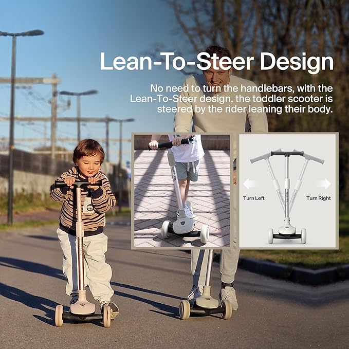 Kick Scooter for Kids Ages 3-18, Max 220 Lbs, Toddler Scooter with Adjustable Lean-To-Steer Switch, Foldable, Wide Anti-Slip Deck, Lightweight, 4 Adjustable Heights, Light up 3 Wheel Scooter