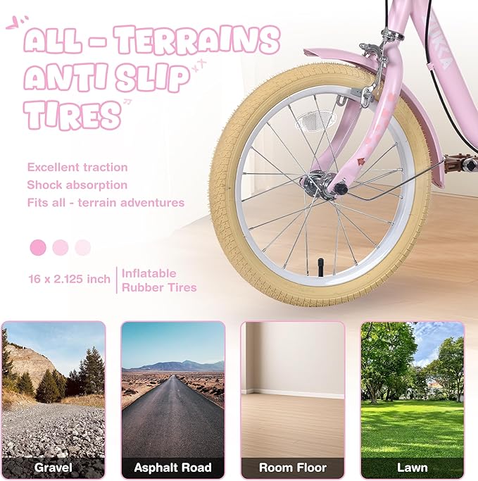 MEGHNA 16 inch Kids Bike Low - Step Through Frame Bike with Detachable Training Wheels Basket Adjustable Seat with Bell C Brake and Band Brake for 4-7 Years Old Child Boys Girls, Easy Ride