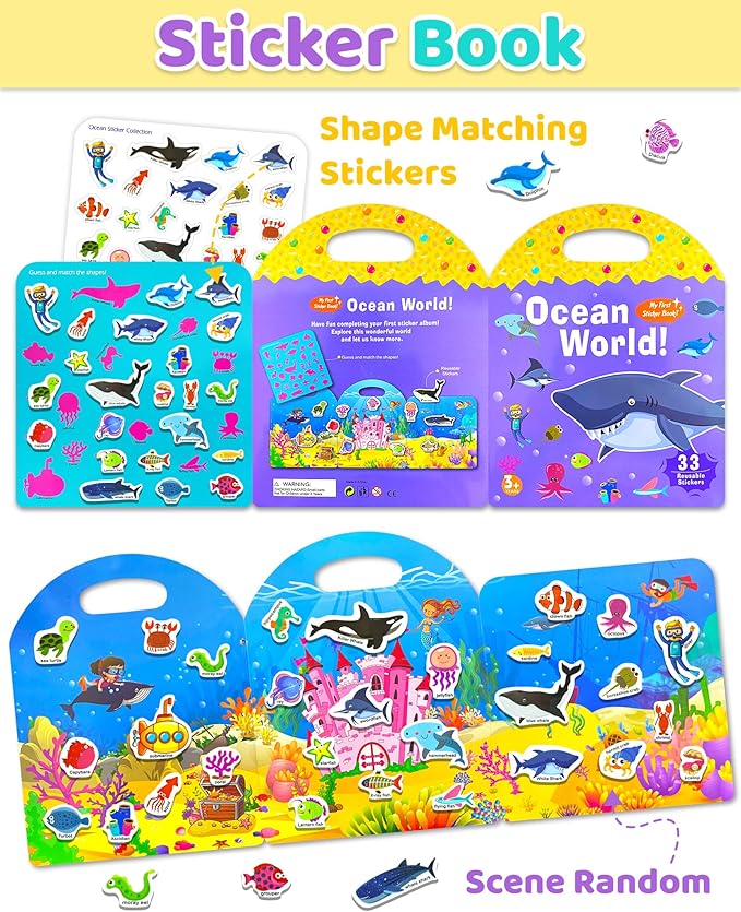 Benresive Reusable Sticker Book for Toddlers 2-4 Years, Fun Travel Stickers for Kids, Waterproof Sticker Books for Toddlers 1-3, Crafts Activities for Toddler 1-3 2-4 3-5 - Ocean World