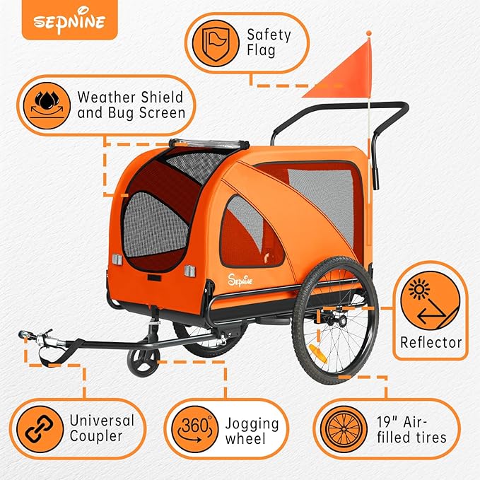 Sepnine Dog Bike Trailer, Supports up to 88 lbs, 2-in-1 Pet Stroller Cart Bicycle Carrier, Easy Folding Cart Frame with Quick Release Wheels, Universal Bicycle Coupler, Non-Slip Floor, Internal Leash
