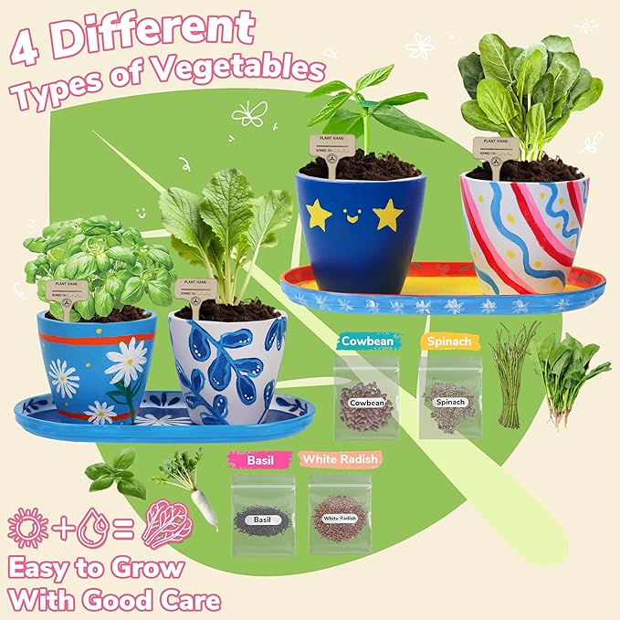 Paint & Plant Flower Gardening Kit with 4 Pots - Kids Gardening Set Ages 8-12, Spring Arts & Crafts Activities Kits, Educational Birthday/Easter Gifts for Boys & Girls Ages 5 6 7 9 10 11