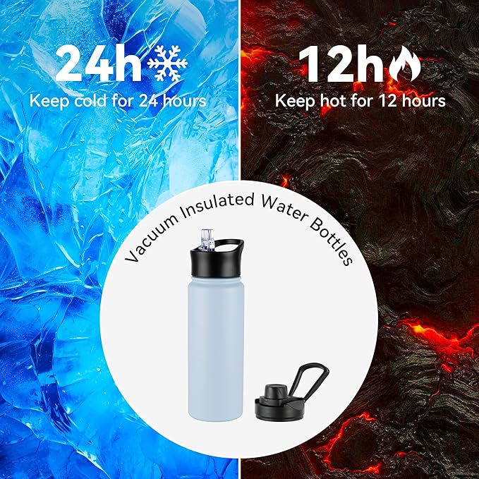 24oz Insulated Water Bottle with Straw Lid, Stainless Steel Metal Water Bottle with Straw & Wide Mouth Lid, Double Wall Vacuum Water Bottle for Hiking Camping, Light Blue 1 Pack