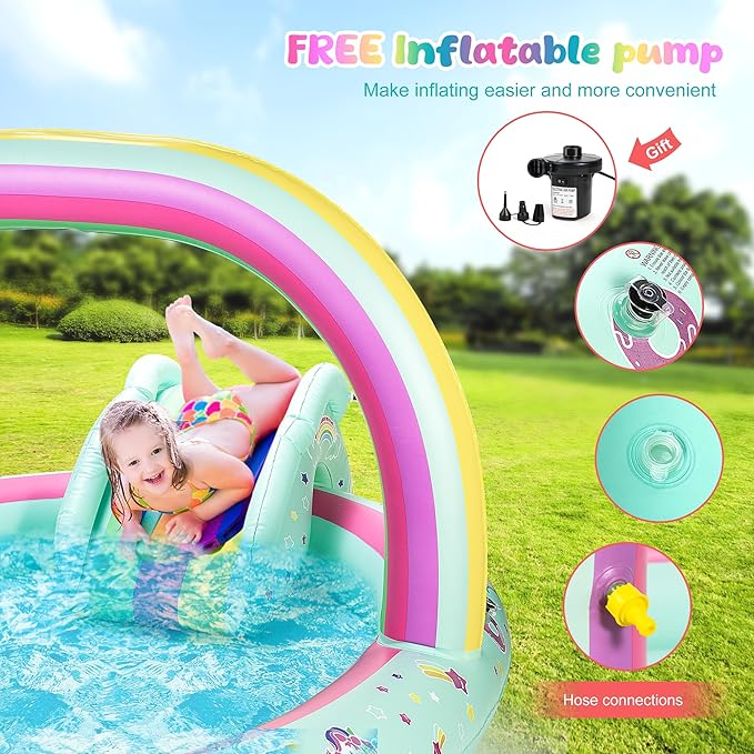 SULIFEEL Rainbow Unicorn Inflatable Play Center Kiddie Pool with Slide and Sprinkler for Children, 96''x59''x39''in Baby Pool for Backyard and Garden, Free Inflatable Pump